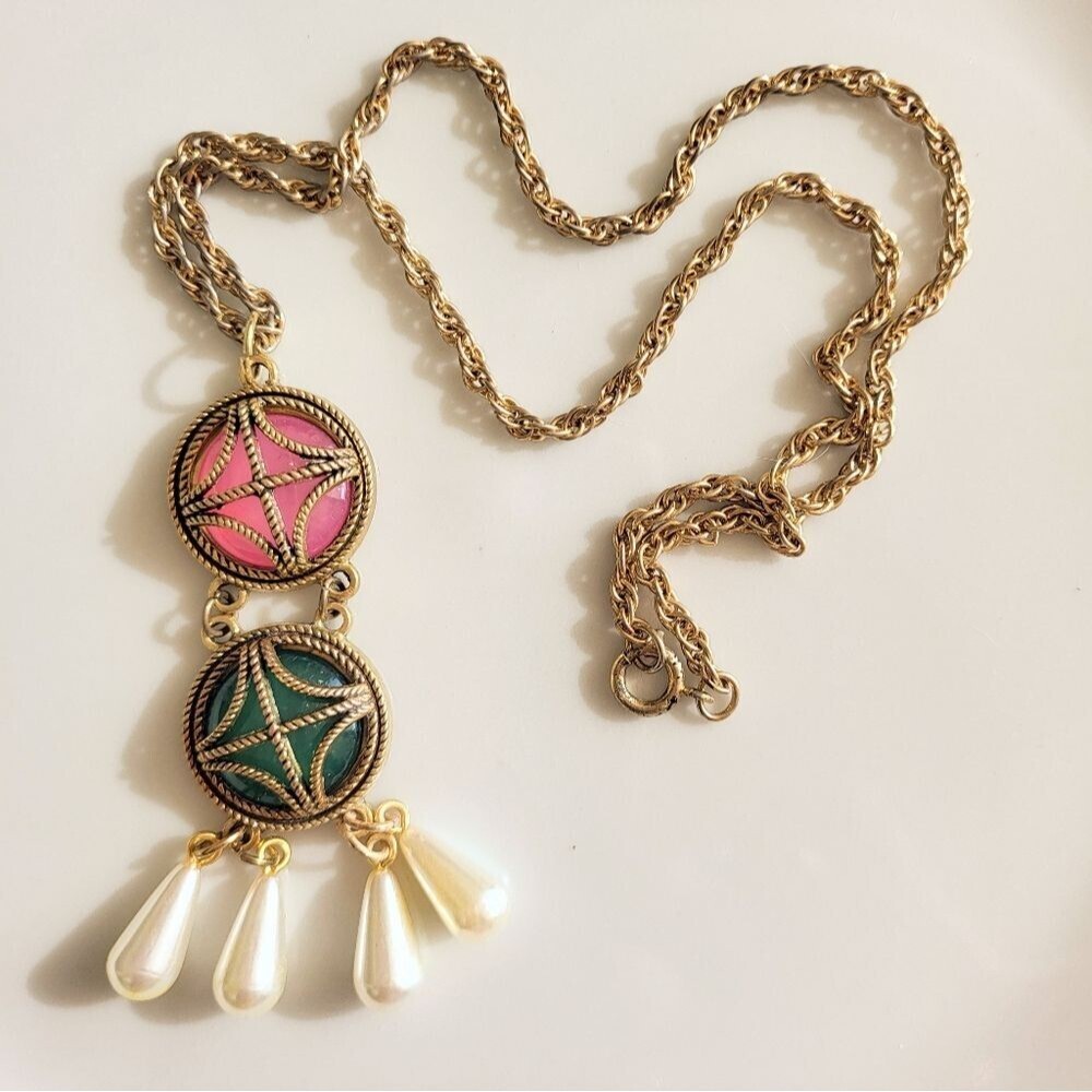 Vintage Gold Tone Pendant Necklace with Faux Pearls + Upcycled Golden Girl Tin